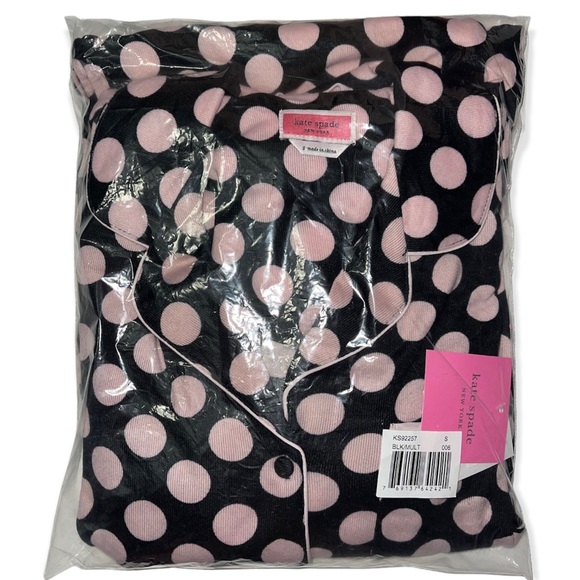 KATE SPADE Pajama Set Polka Dot Print Notch Collar Long Sleeve PJs pink Black - Picture 3 of 10